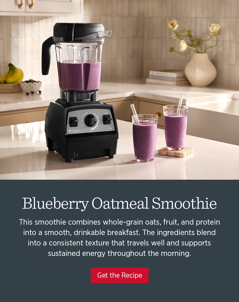 This smoothie combines whole-grain oats, fruit, and protein into a smooth, drinkable breakfast. The ingredients blend into a consistent texture that travels well and supports sustained energy throughout the morning.