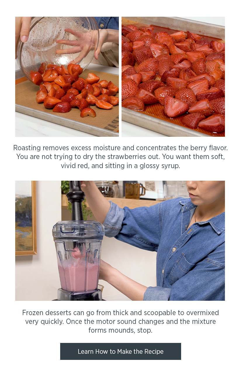 Roasting removes excess moisture and concentrates the berry flavor. You are not trying to dry the strawberries out. You want thyem soft, vivid red, and sitting in a glozzy syrup.