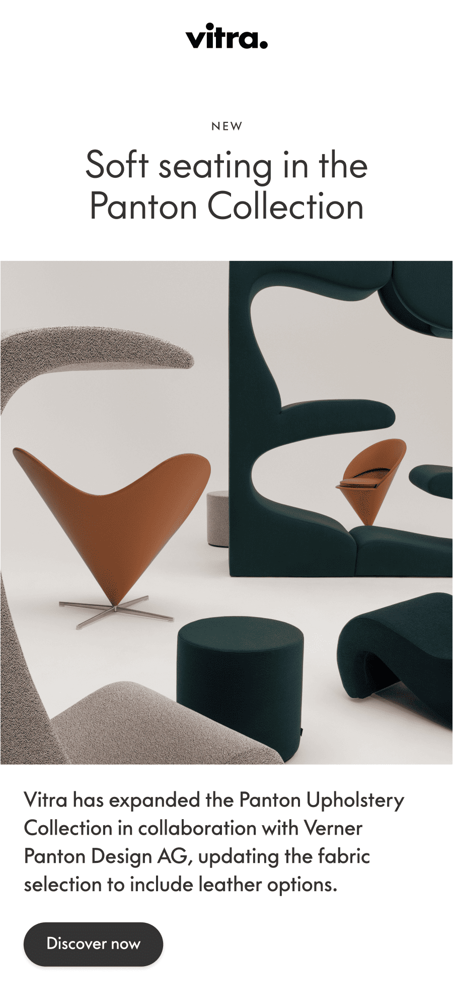 Vitra has expanded the Panton Upholstery Collection in collaboration with Verner Panton Design AG, updating the fabric selection to include leather options. 