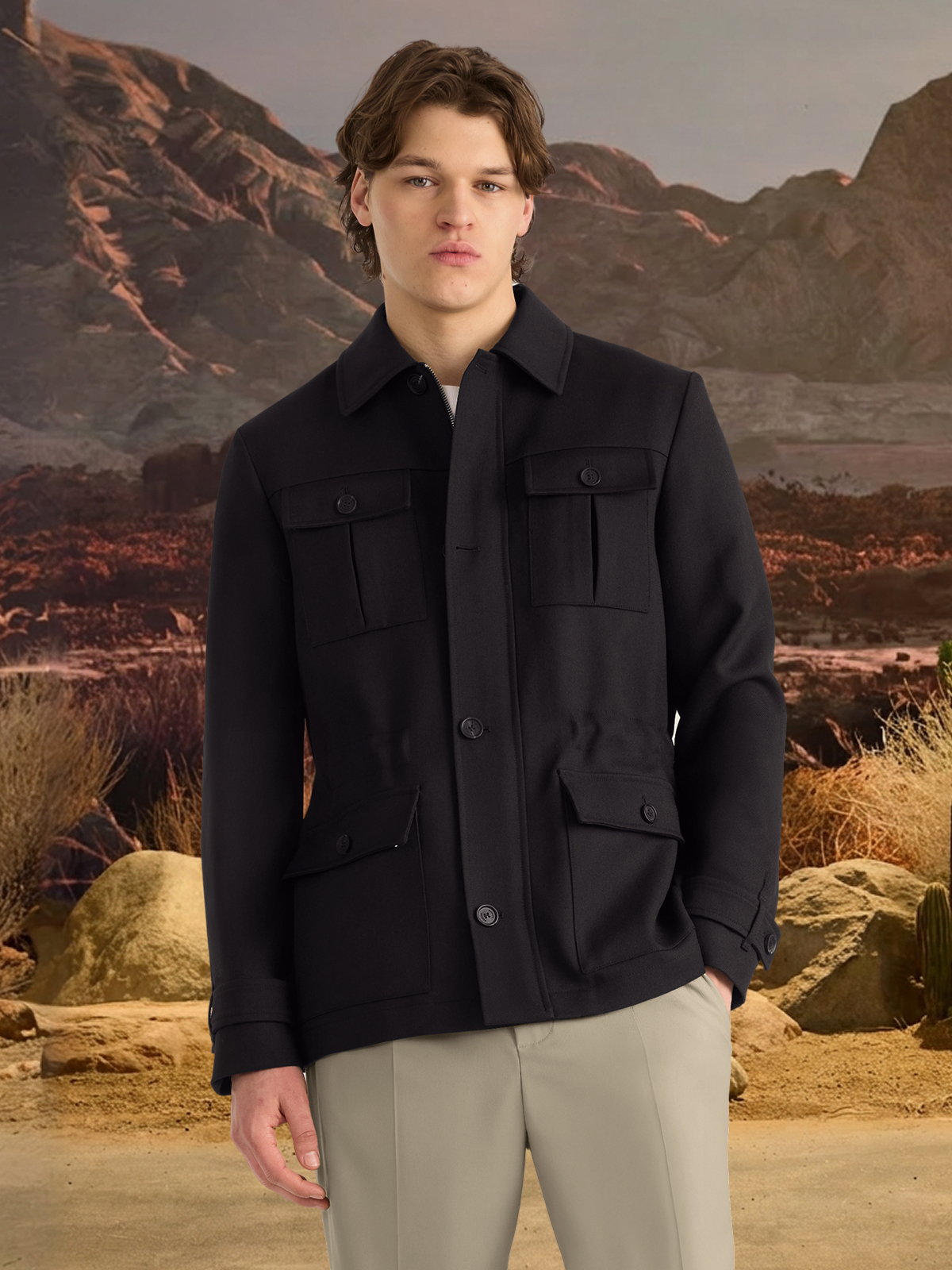 Men’s Wool Gabardine Safari Jacket in Navy – Light Wool Layer