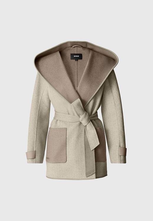 Paya-HB Herringbone Wool Wrap Coat With Sash Belt in Taupe