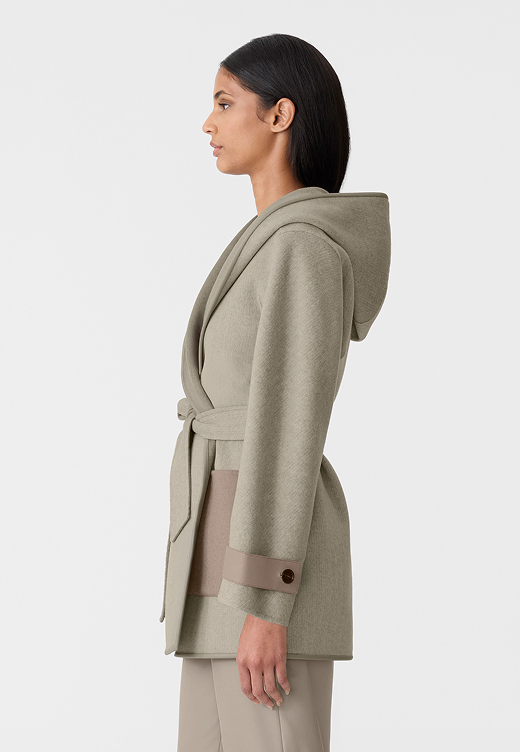 Paya-HB Herringbone Wool Wrap Coat With Sash Belt in Taupe