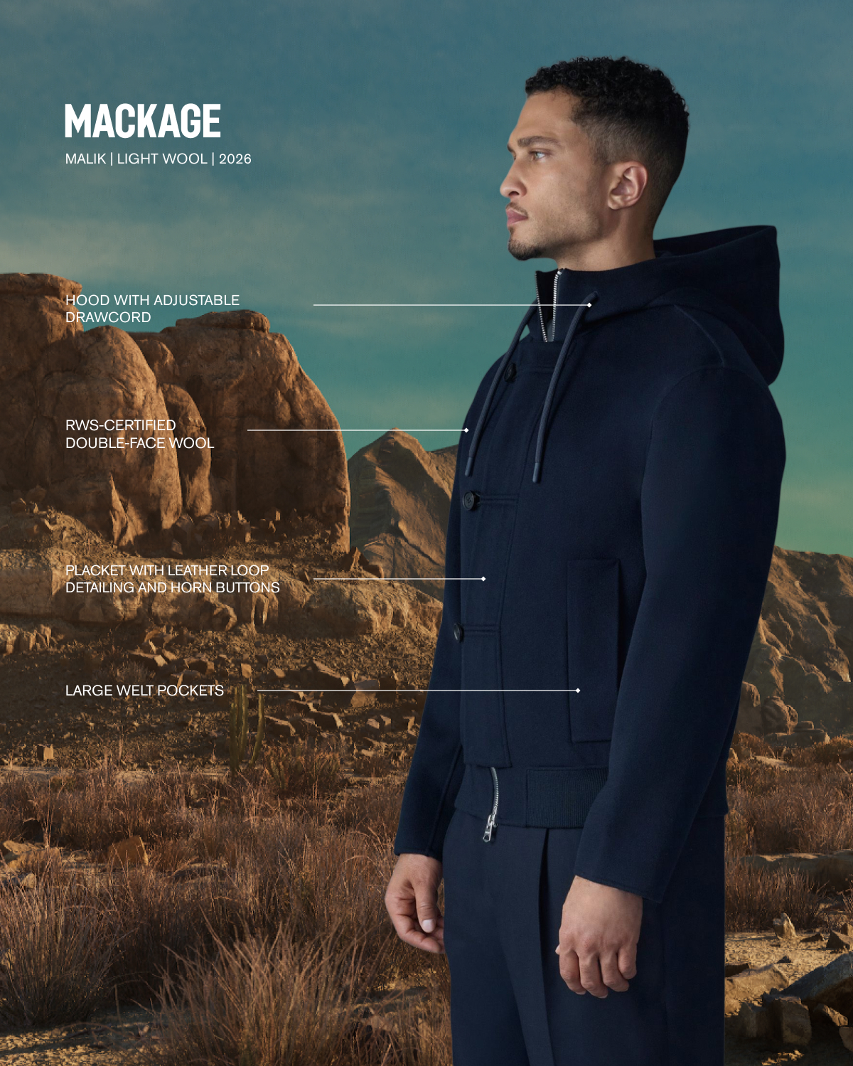 Malik Double-face wool hooded jacket for men in navy