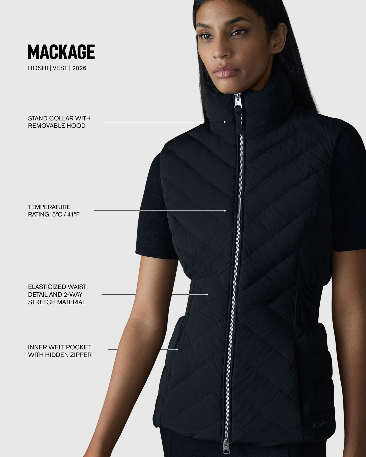 Hoshi Light down hooded vest for women in black