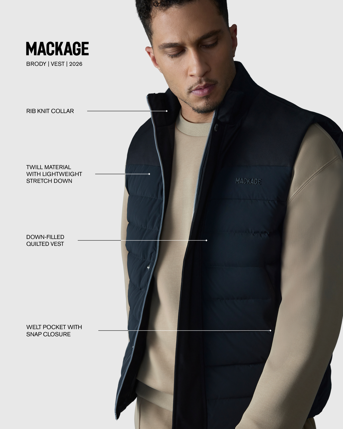 Brody down-filled quilted vest for men in black
