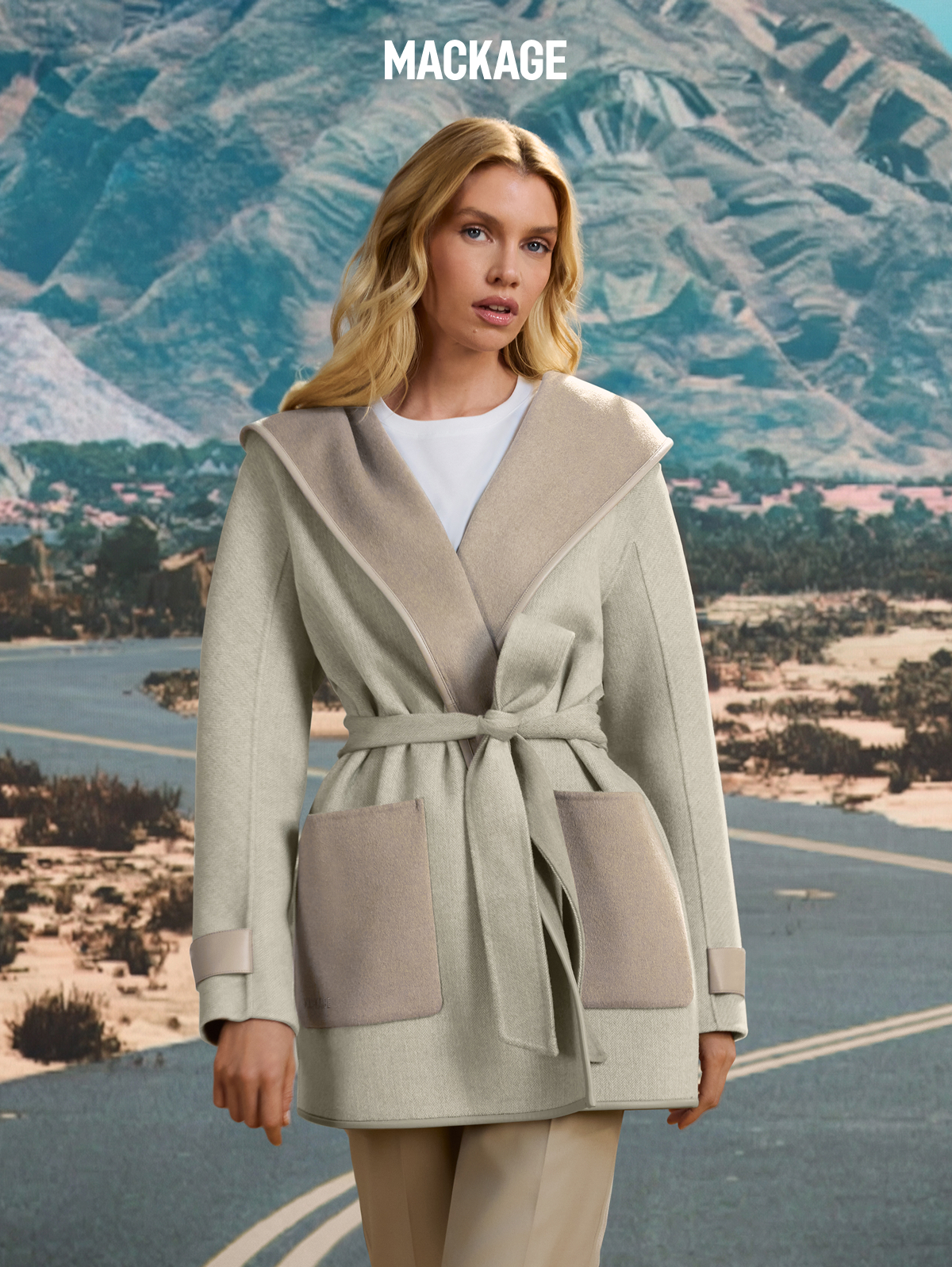 PAYA-HB Herringbone Wool Wrap Coat With Sash Belt for Women