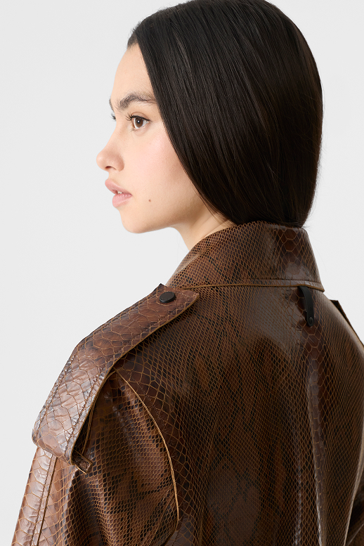 CARMELA-SNK Snake Pattern Leather Trench with Belt for Women