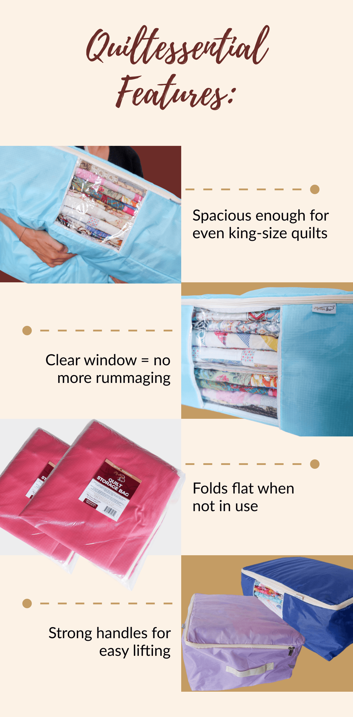 Spacious enough for even king-size quilts | Clear window = no more rummaging | Folds flat when not in use | Strong handles for easy lifting