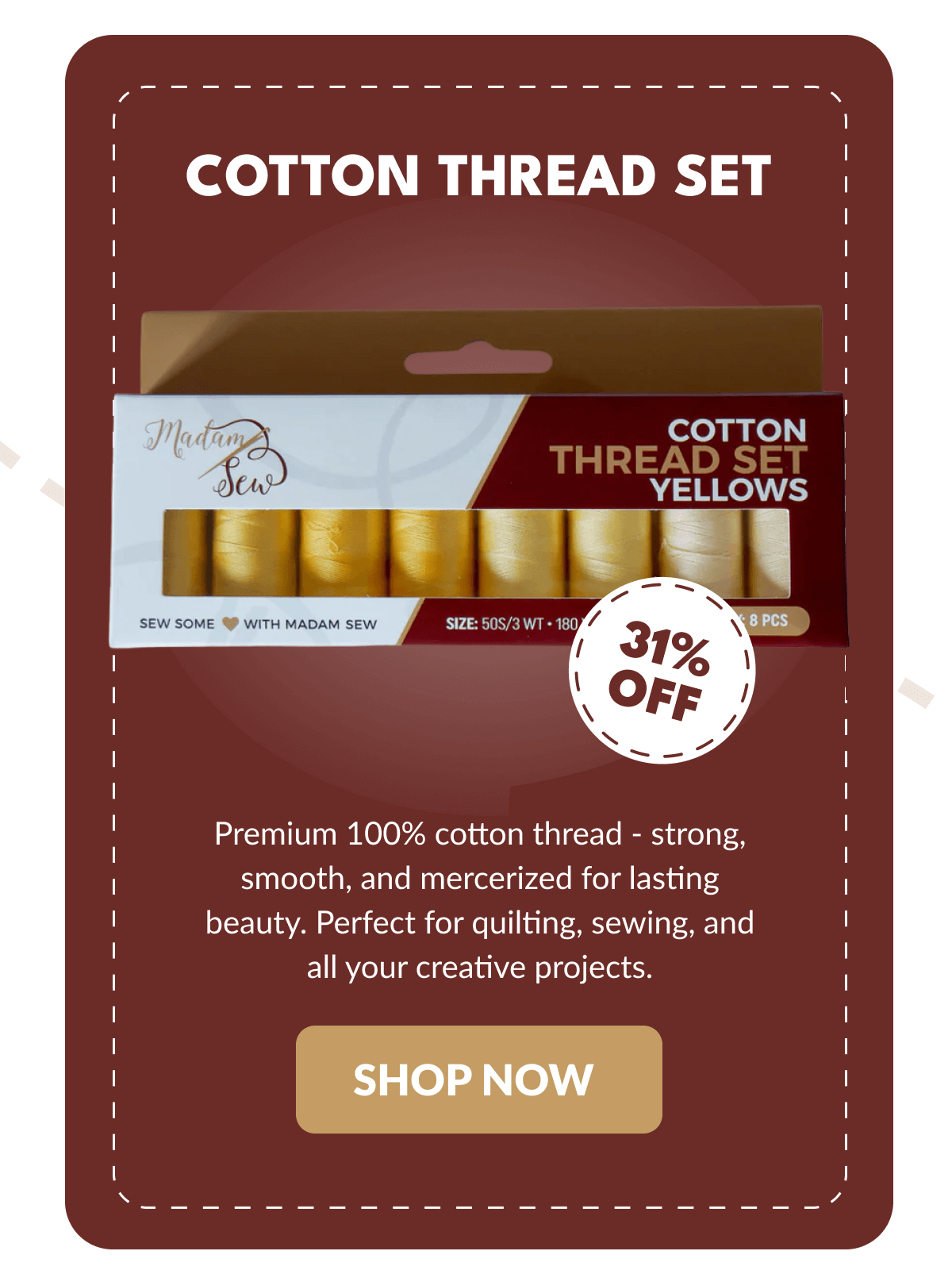 COTTON THREAD SET | Premium 100% cotton thread - strong, smooth, and mercerized for lasting beauty. Perfect for quilting, sewing, and all your creative projects. [SHOP NOW]