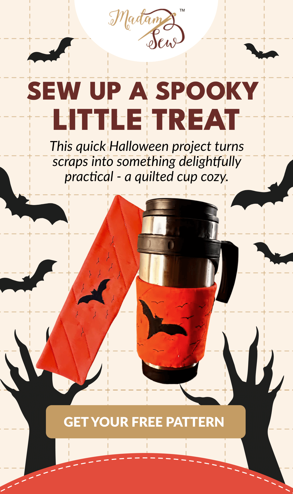 SEW UP A SPOOKY LITTLE TREAT | This quick Halloween project turns scraps into something delightfully practical - a quilted cup cozy. [GET YOUR FREE PATTERN]
