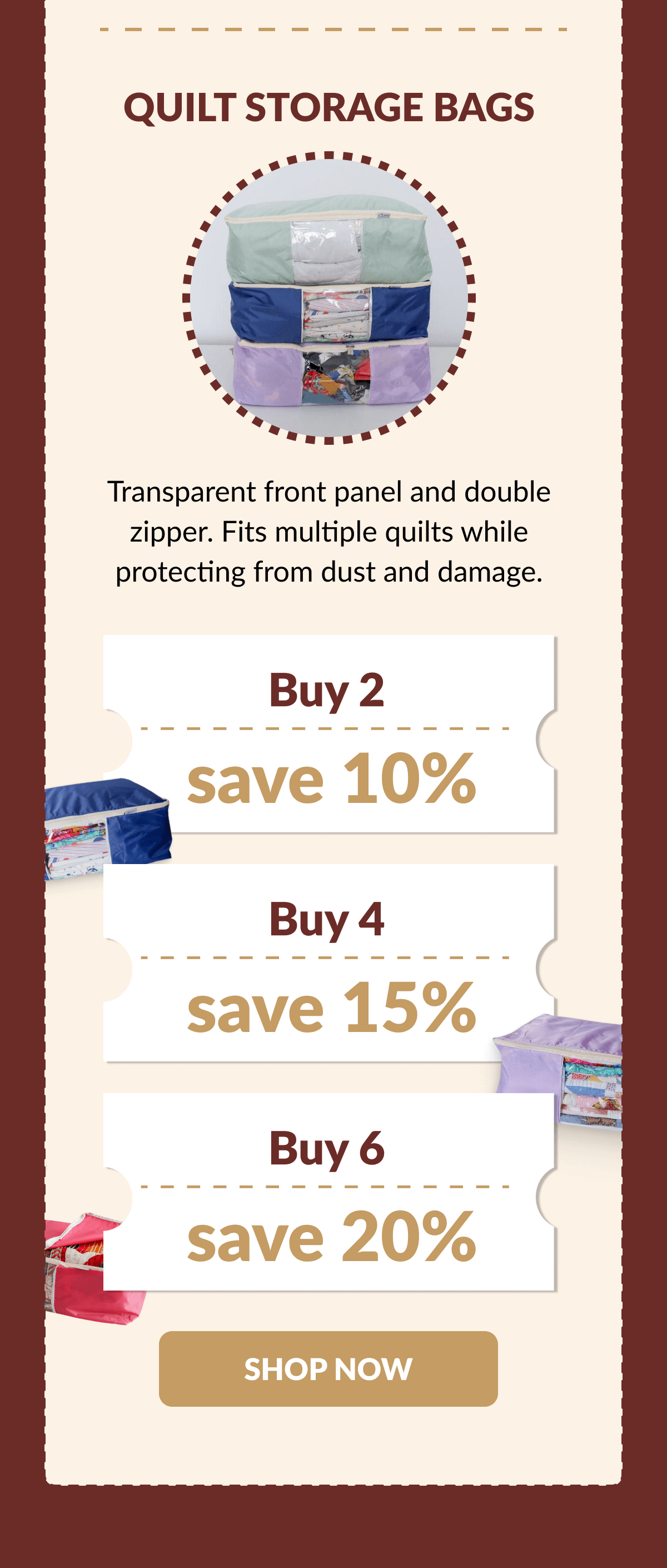 QUILT STORAGE BAGS | Transparent front panel and double zipper. Fits multiple quilts while protecting from dust and damage. | Buy 2 save 10% | Buy 4 save 15% | Buy 6 save 20% [SHOP NOW]