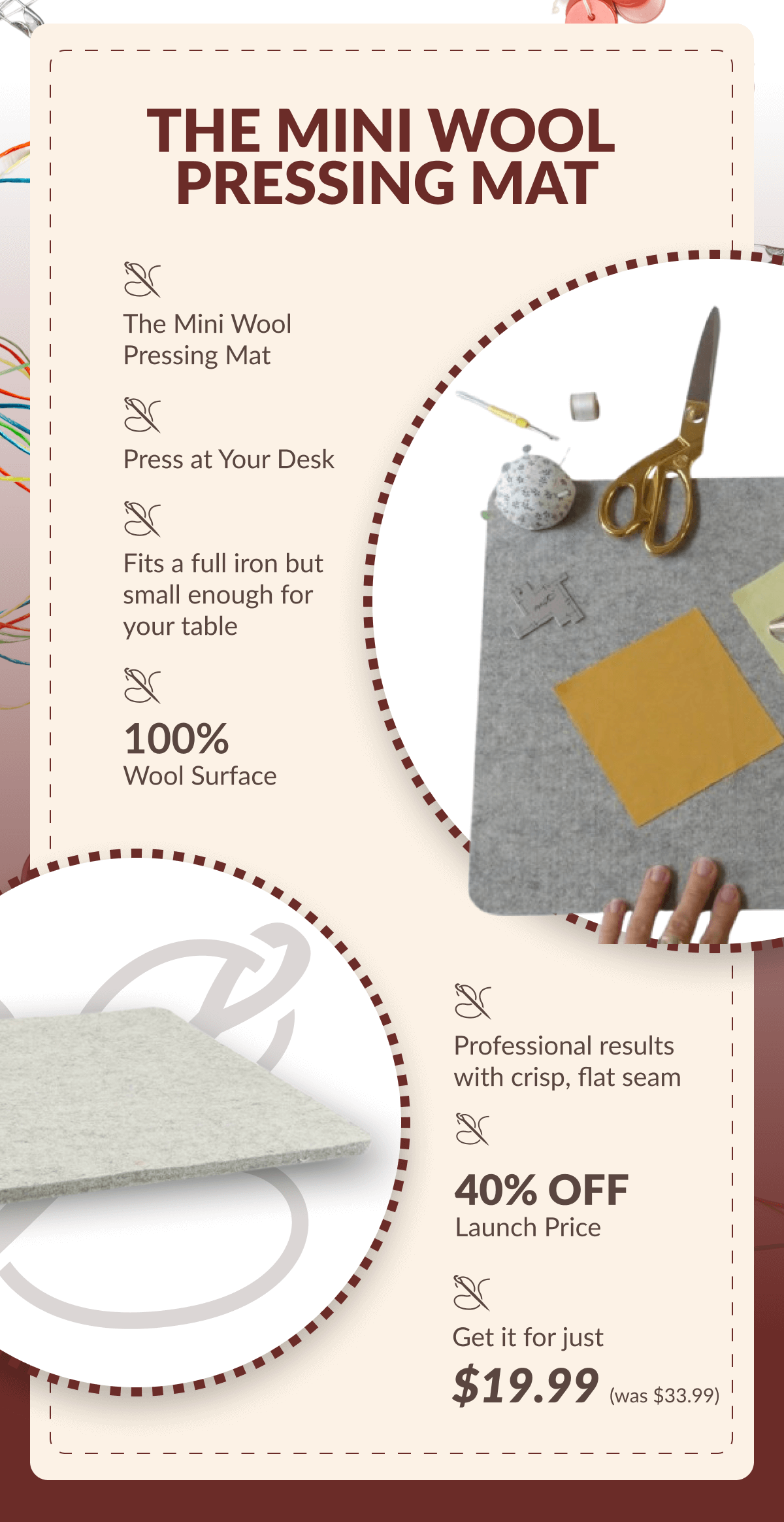 THE MINI WOOL PRESSING MAT | The Mini Wool Pressing Mat | Press at Your Desk | Fits a full iron but small enough for your table | 100% Wool Surface | Professional results with crisp, flat seam | 40% OFF Launch Price