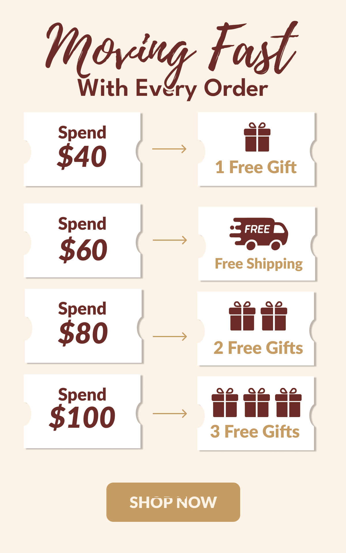 FREE Gift With Every Order   Spend $40+ → 1 Free Gift  Spend $60+ → Free Shipping  Spend $80+ → 2 Free Gifts  Spend $100+ → 3 Free Gifts [SHOP NOW]