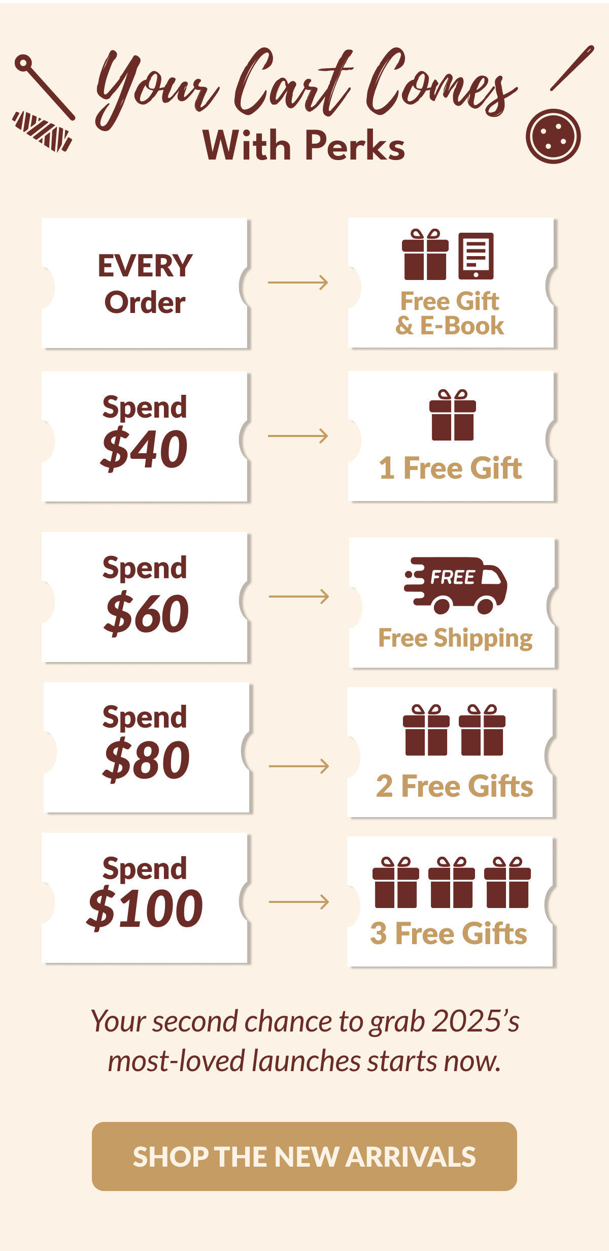 Your Cart Comes With Perks | EVERY Order | Free Gift & E-Book | Spend $40 1 Free Gift | Spend $60 • FREE Free Shipping | Spend $80 2 Free Gifts | Spend $100 3 Free Gifts | Your second chance to grab 2025's most-loved launches starts now. [SHOP THE NEW ARRIVALS]
