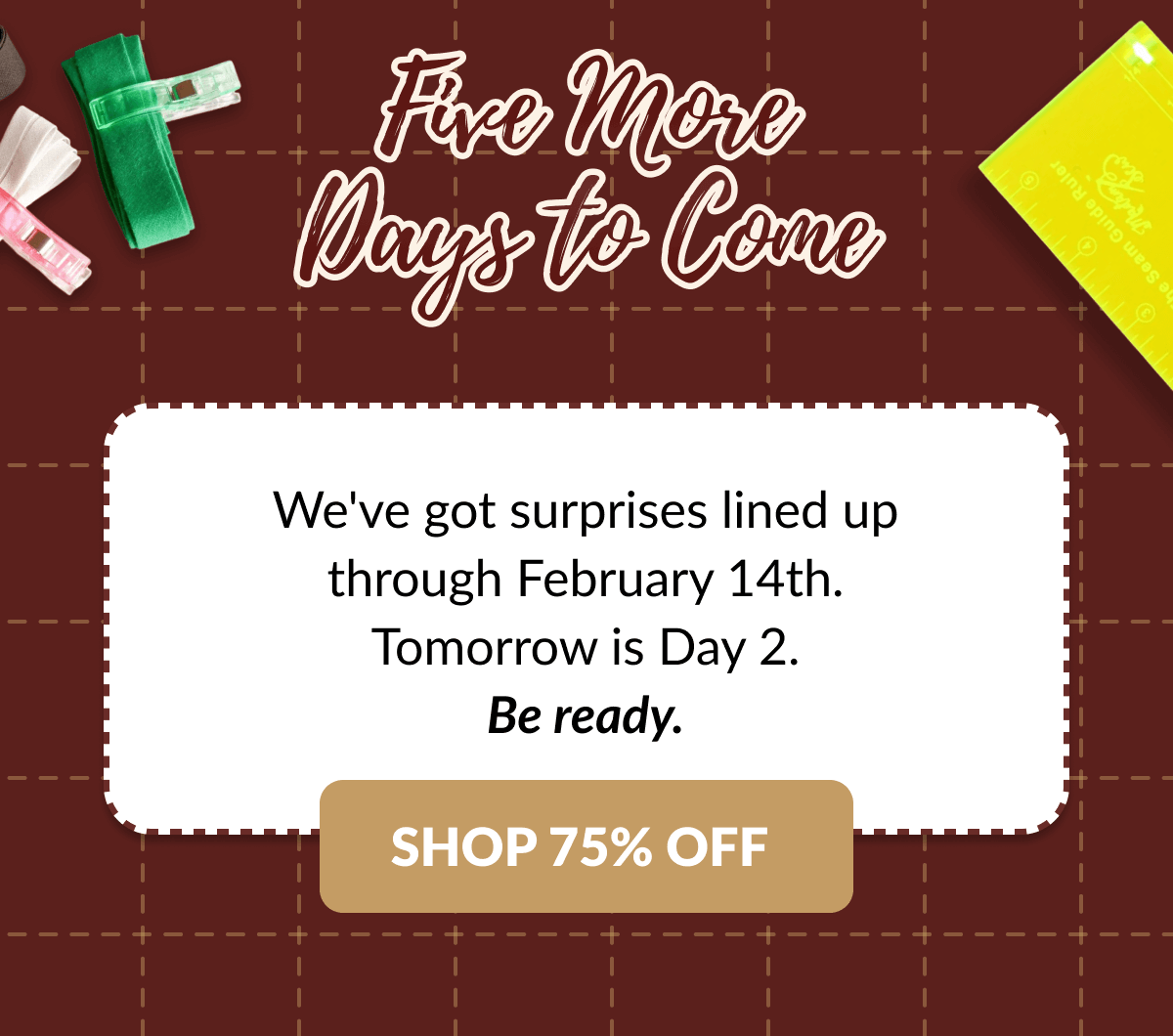 Fro More Days to Come | We've got surprises lined up through February 14th. Tomorrow is Day 2. Be ready. [SHOP 75% OFF]