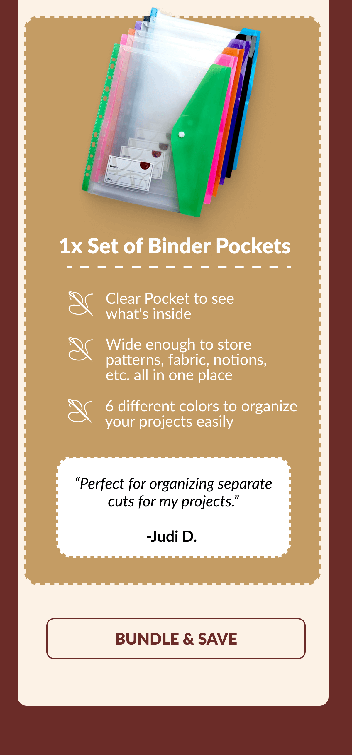 1x Set of Binder Pockets | Clear Pocket to see what's inside | Wide enough to store patterns, fabric, notions, etc. all in one place | 6 different colors to organize your projects easily [BUNDLE & SAVE]