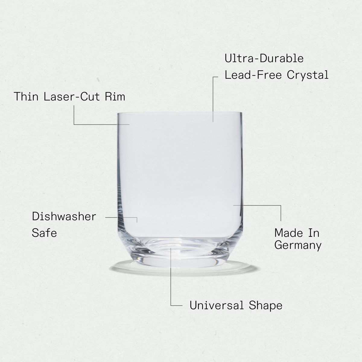 Universal Shape; made in Germany; Dishwasher Safe; Thin laser-cut rim; Ultra-Durable Lead-Free Crystal; 