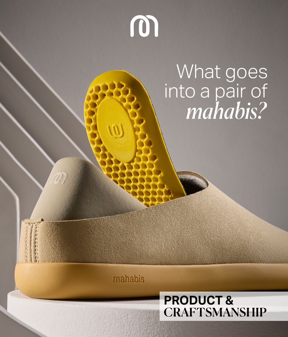 A yellow honeycomb footbed lifted from a beige mahabis NEO slipper, set against a soft grey backdrop with white contour lines.