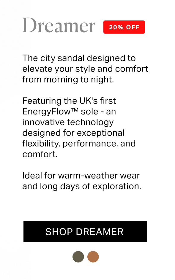 The city sandal designed to elevate your style and comfort from morning to night. Featuring the UK's first EnergyFlow™ sole - an innovative technology designed for exceptional flexibility, performance, and comfort. Ideal for warm-weather wear and long days of exploration.