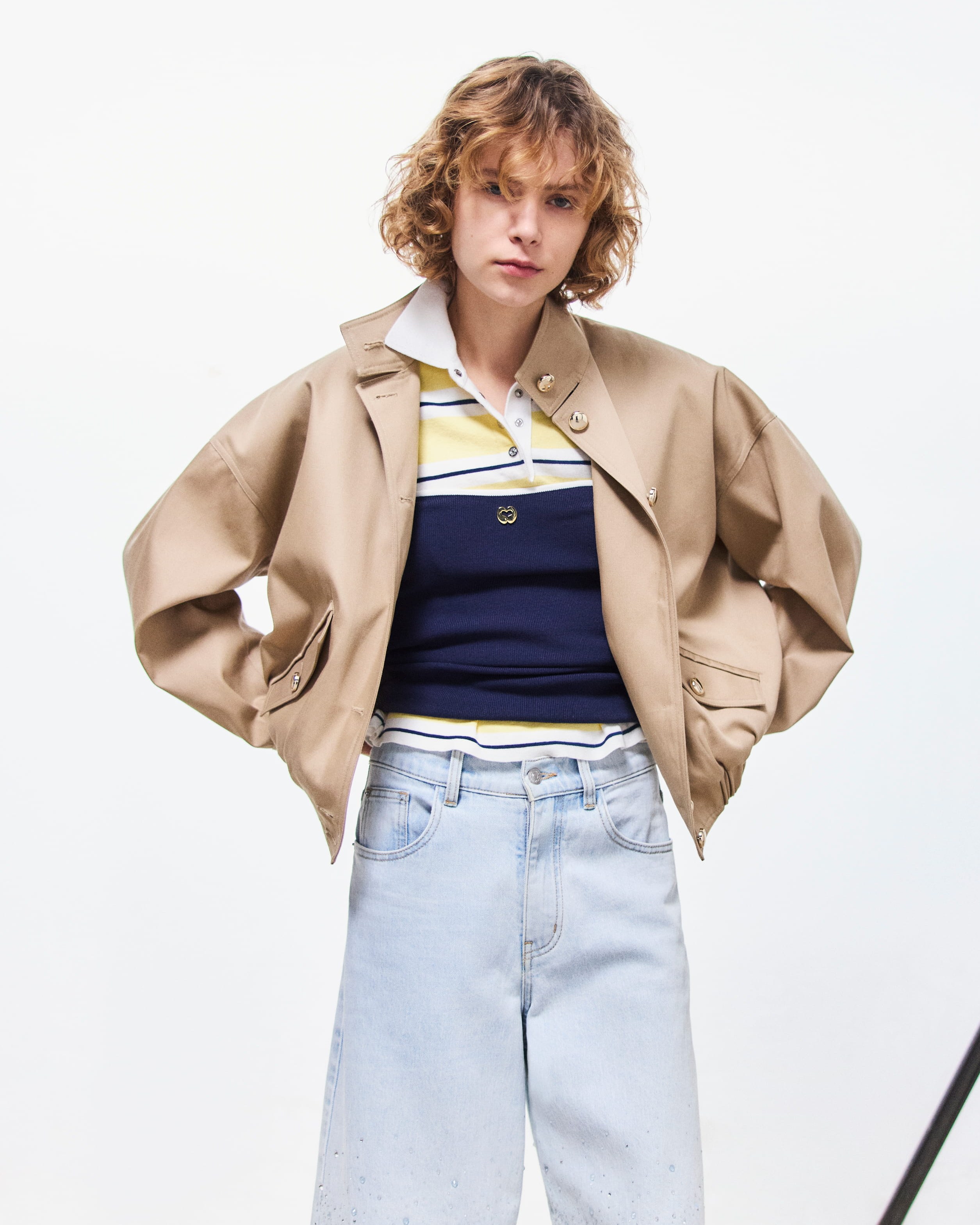 Beige jacket with leather collar