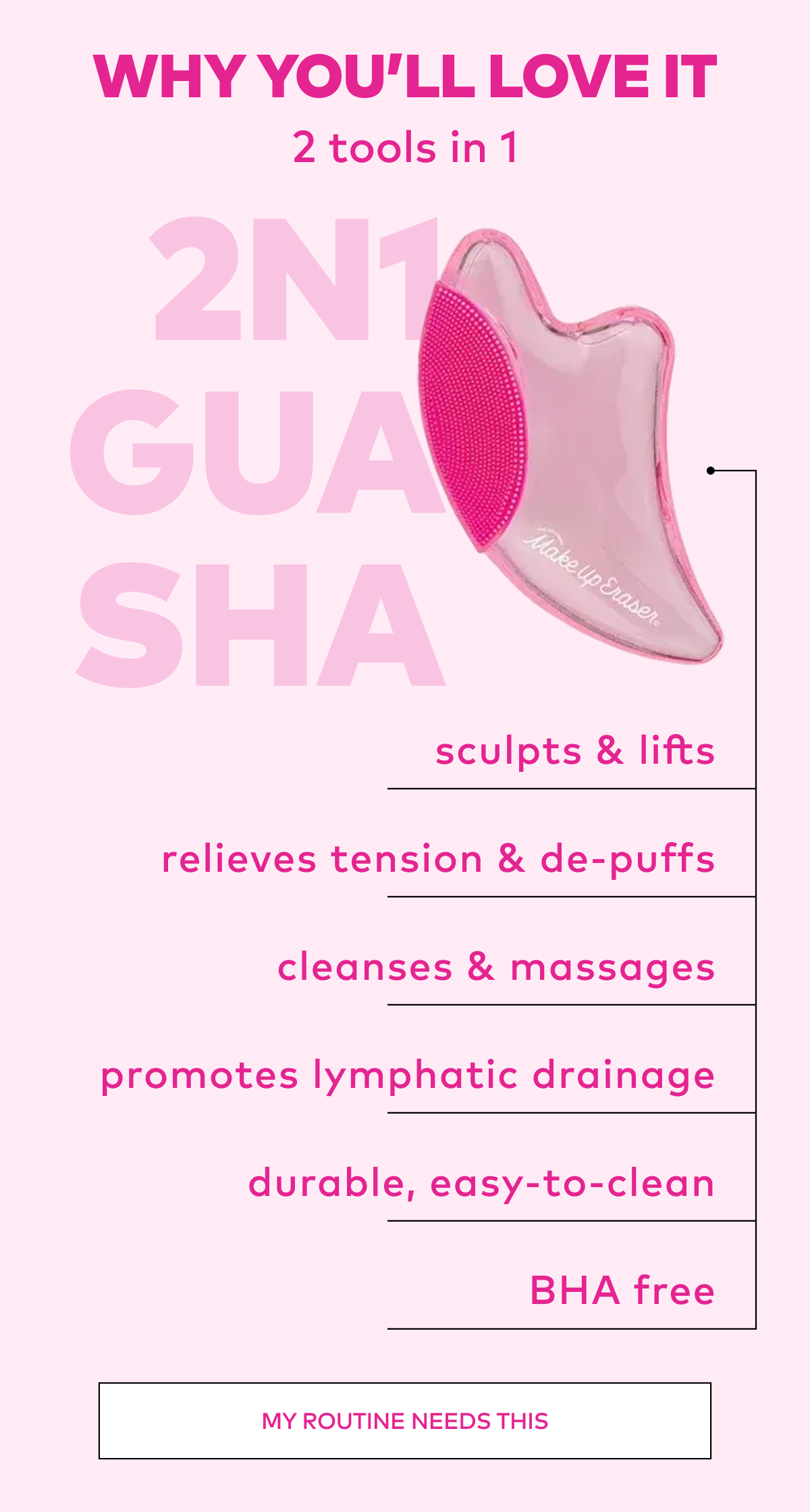 Use the 2n1 Gua Sha to massage facial muscles to help relieve tension & contour the face. 