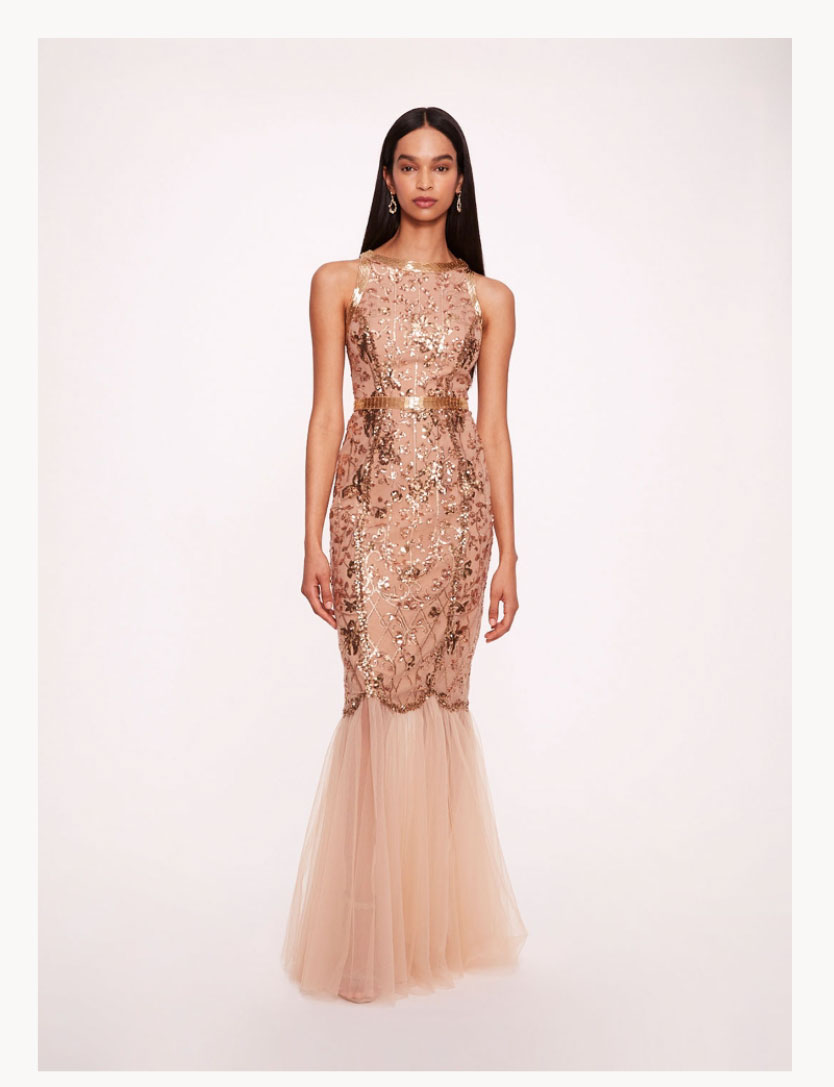Sequin Lattice Strapless Gown
