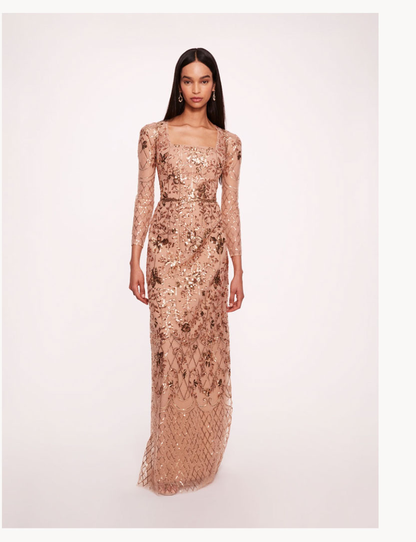 Sequin Lattice Sleeved Gown