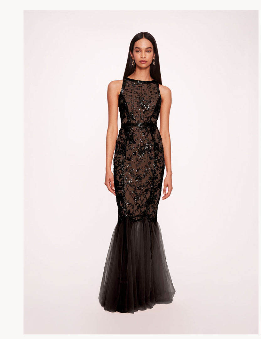 Sequin Lattice Strapless Gown