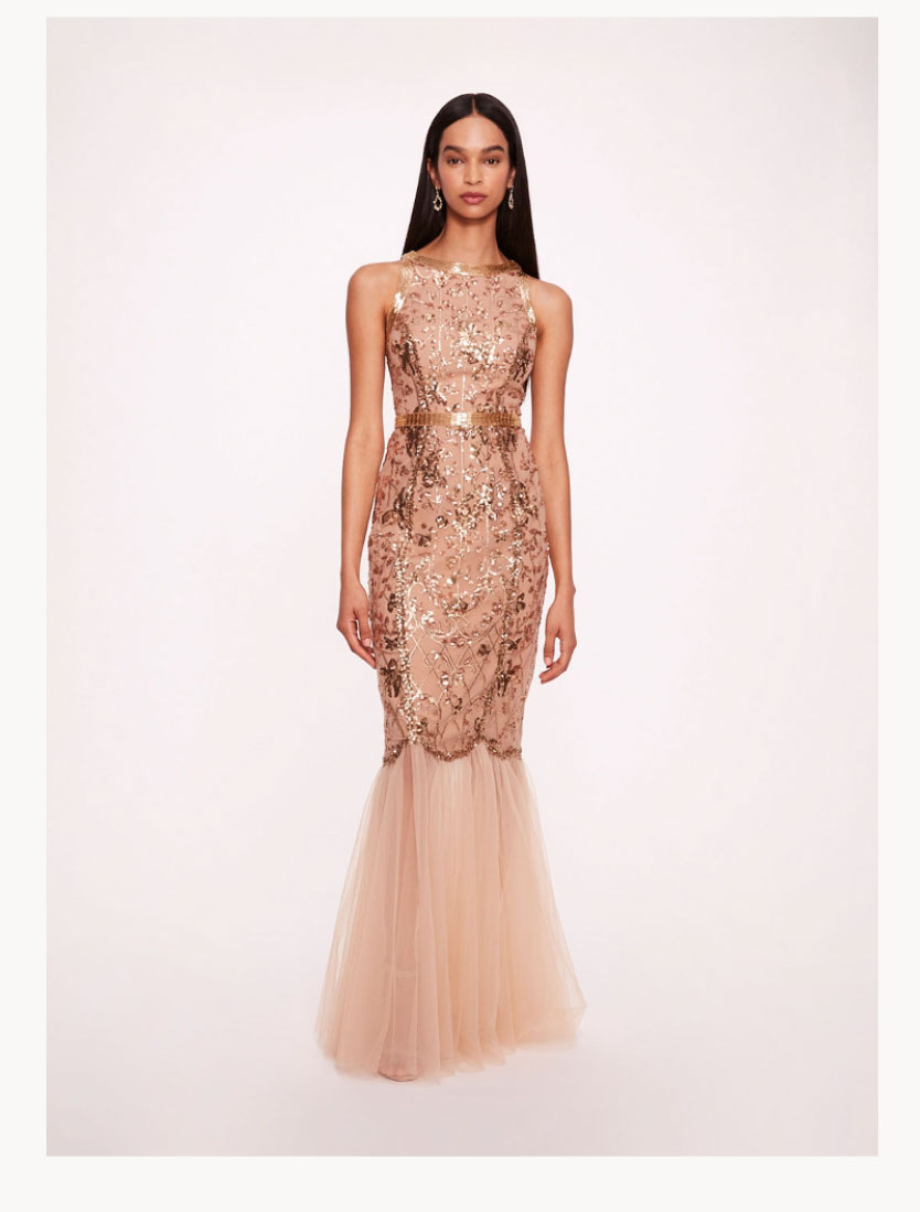 Sequin Lattice Strapless Gown