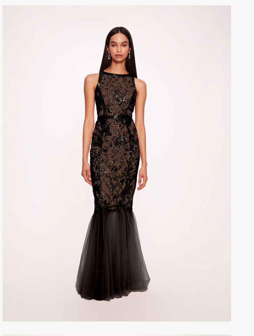 Sequin Lattice Strapless Gown