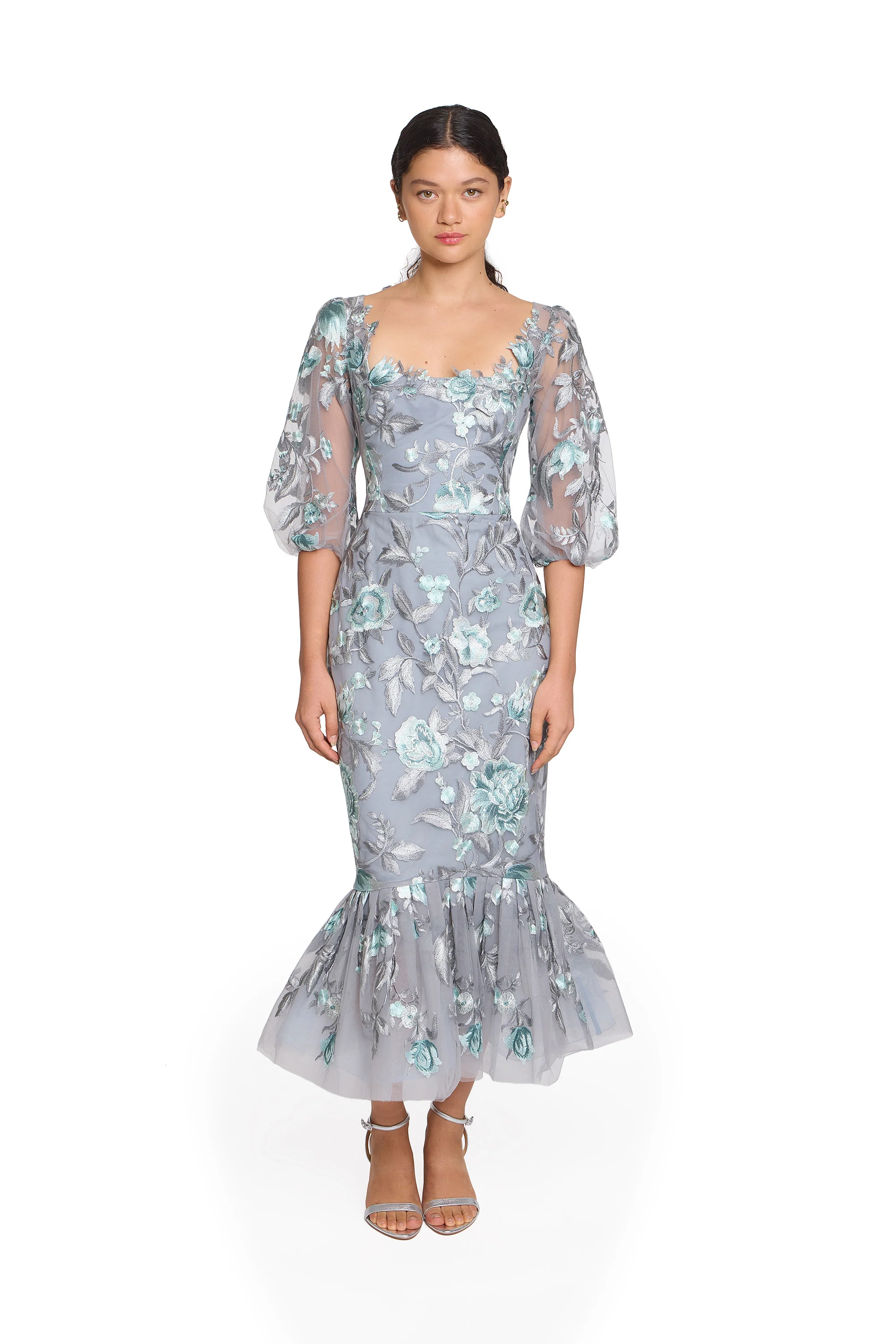 Image of Embroidered Puff Sleeve Midi Dress