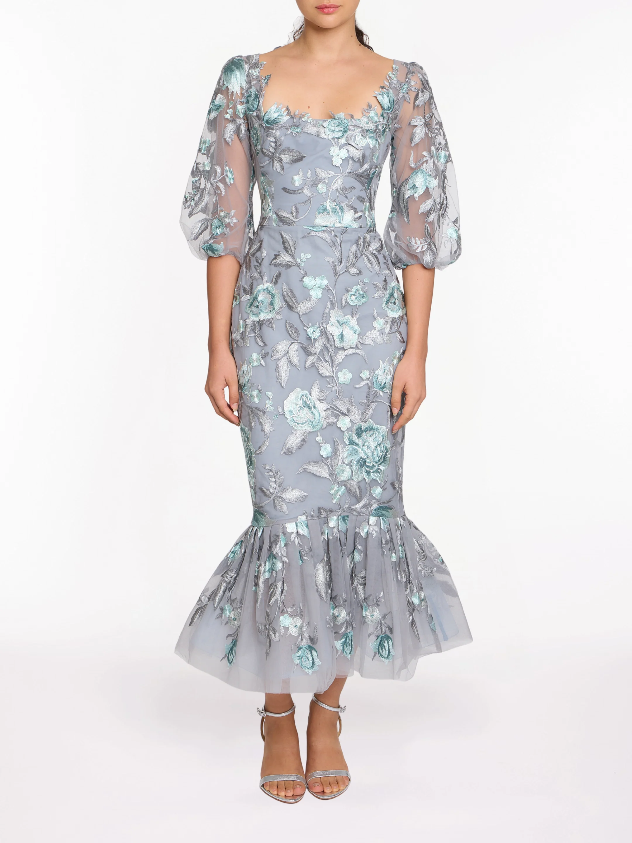 Image of Embroidered Puff Sleeve Midi Dress