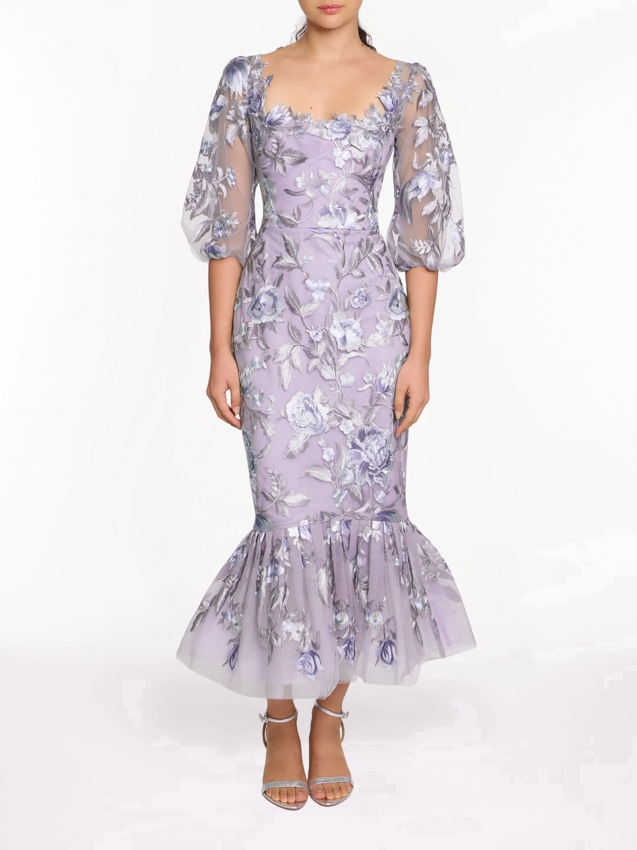Image of Embroidered Puff Sleeve Midi Dress