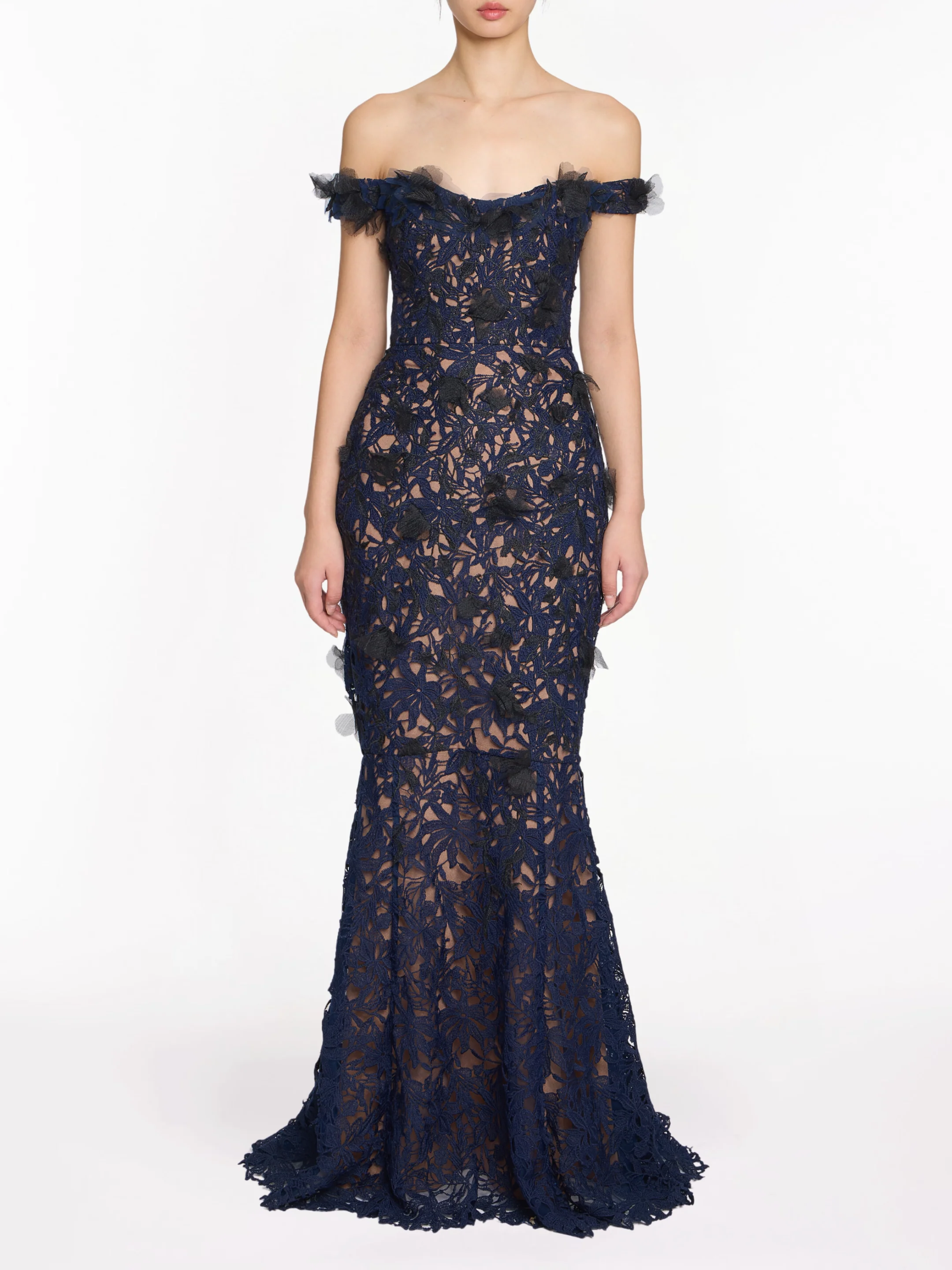 Image of Guipure Lace Off Shoulder Gown