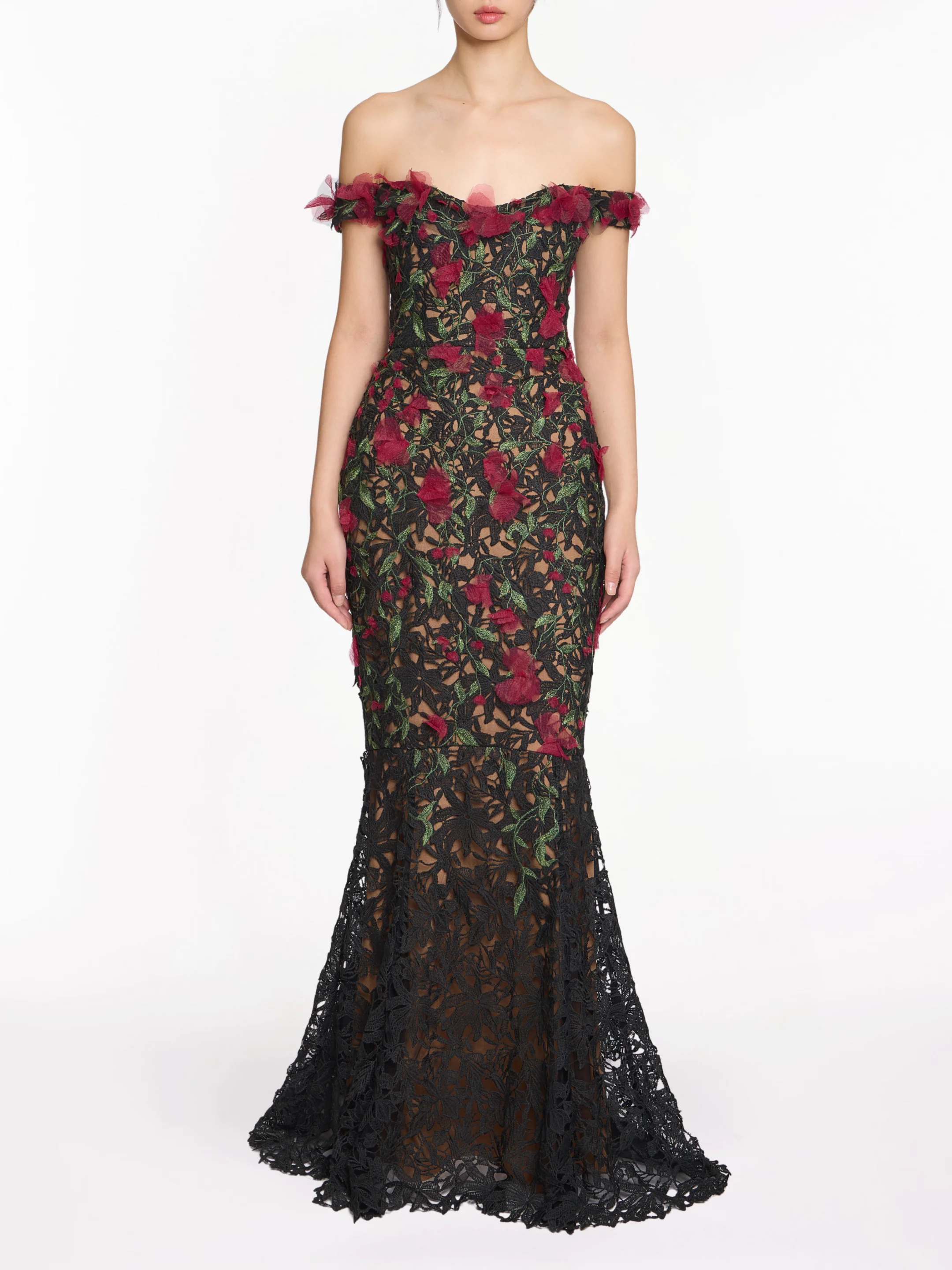 Image of Guipure Lace Off Shoulder Gown