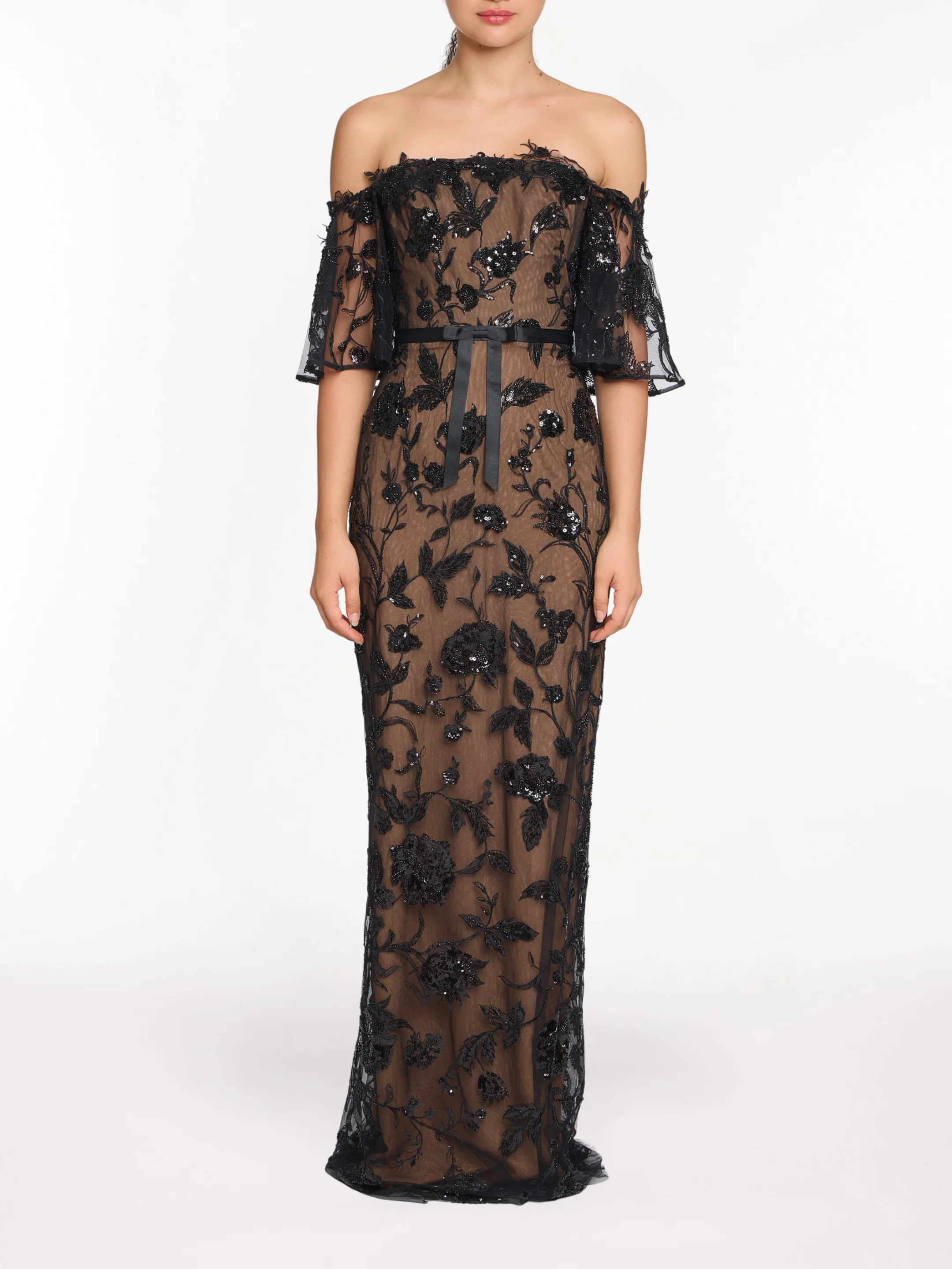 Image of Off The Shoulder Beaded Illusion Column Gown