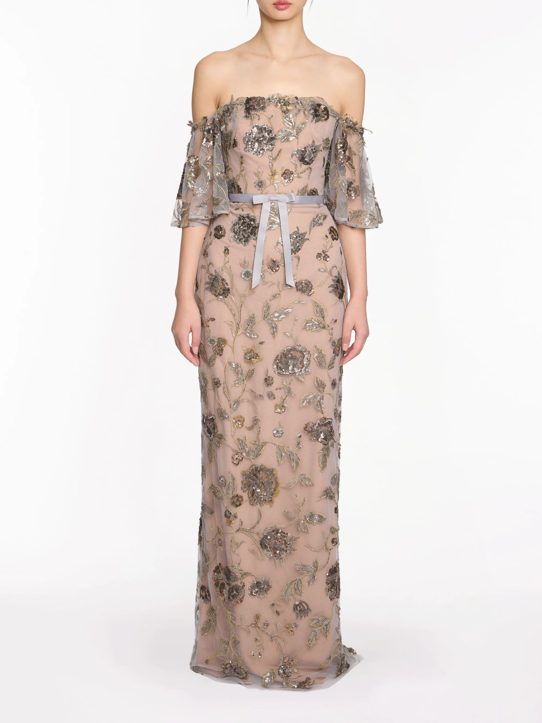 Image of Off The Shoulder Beaded Illusion Column Gown