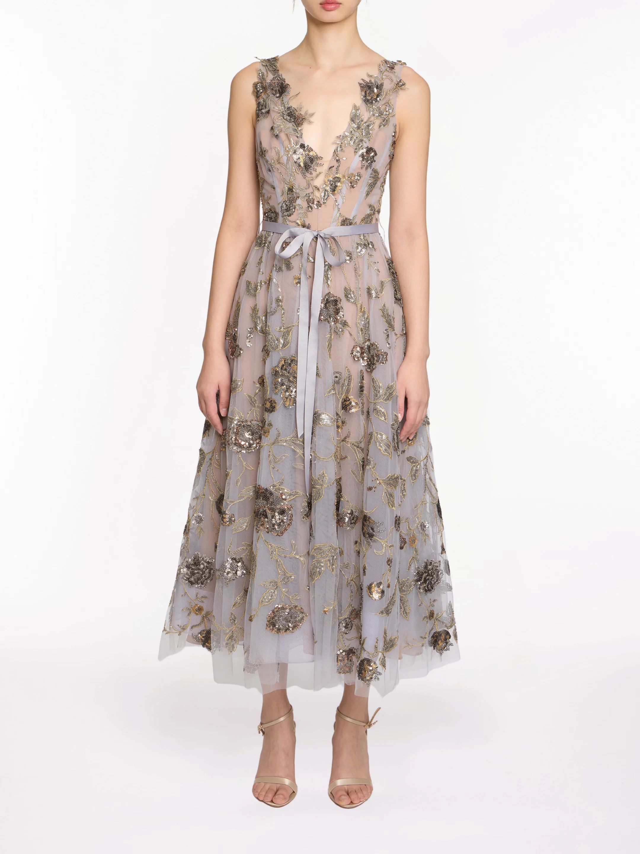 Image of Sleeveless Embroidered Tulle Midi Dress