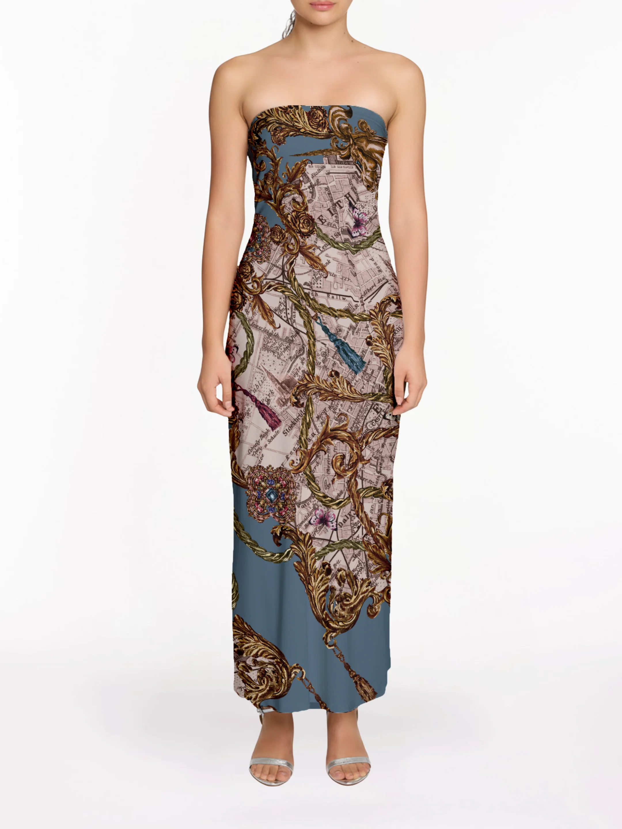 Image of Strapless Printed Midi Dress