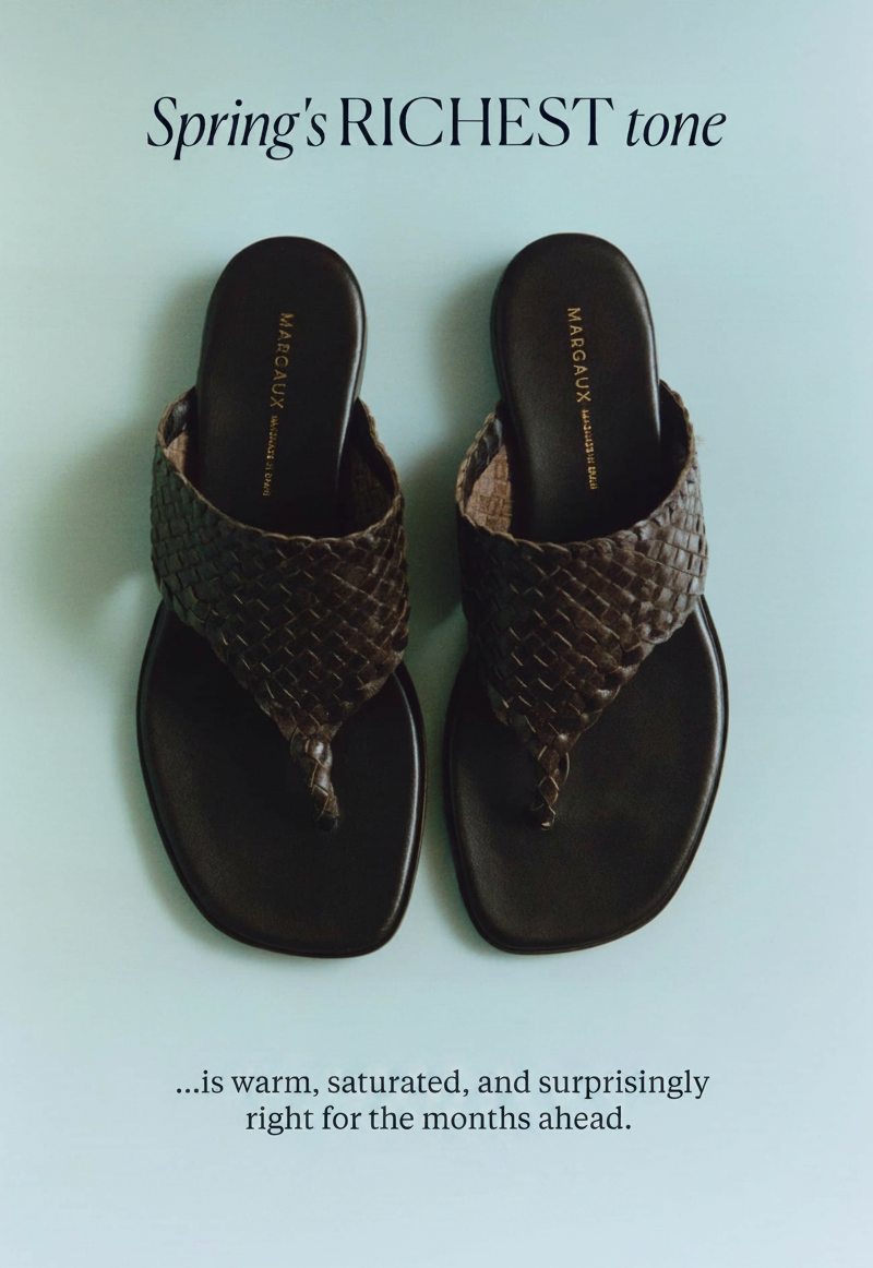 Brown woven thong sandals with text about spring tones.