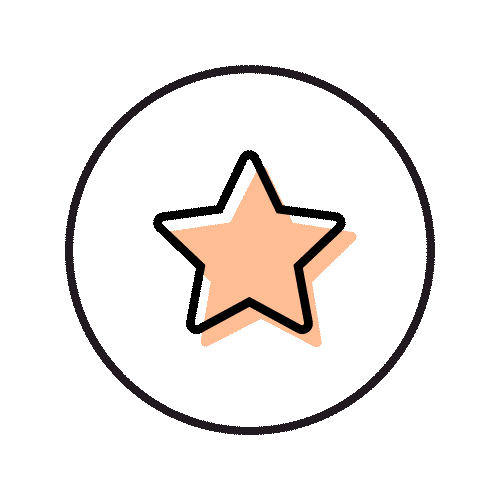 A coral-colored star icon with a black outline is centrally placed within a black circle on a, representing points value.
