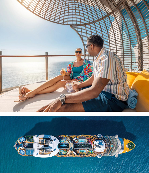 Split image: Top images shows a couple on cruise ship deck enjoying cocktails. Bottom image shows an aerial view of a Royal Caribbean ship.