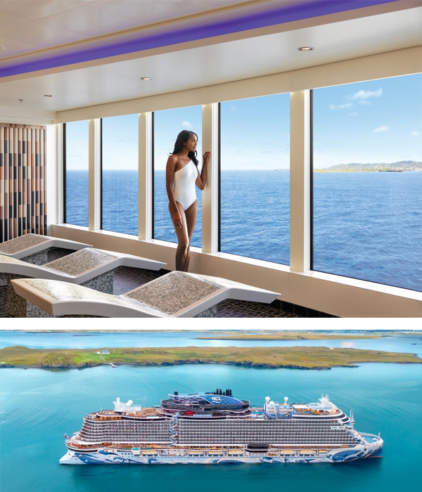Split image: Top images shows a woman looking out into the ocean from a cruis ship window. Bottom image shows a profile view of a Norwegian Cruise Line ship.