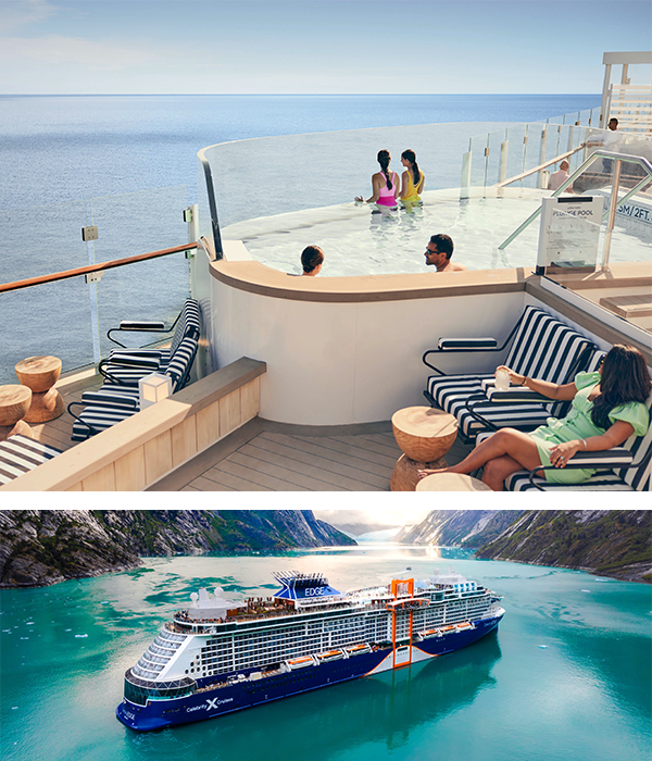 Split image: Top image shows people in hot top on cruise ship deck looking out to the water. Bottom image shows a 3/4 view of a Celebrity Cruise ship.