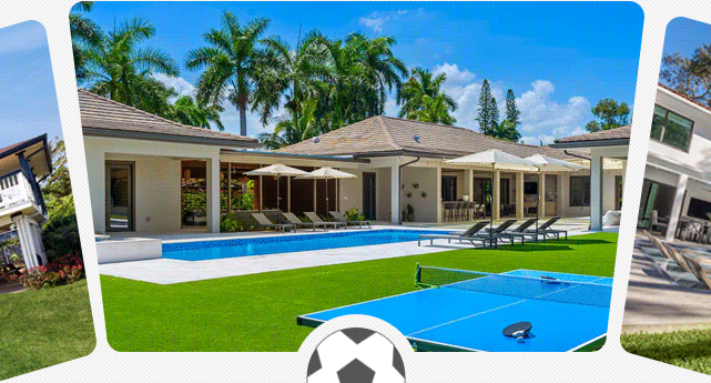 Outdoor homes with pools, lounge areas, and games, showcasing vibrant backyard activities and relaxation.