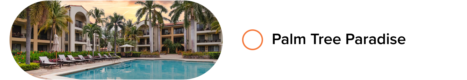 Resort-style pool courtyard with palm trees, loungers, and low-rise buildings at sunset.