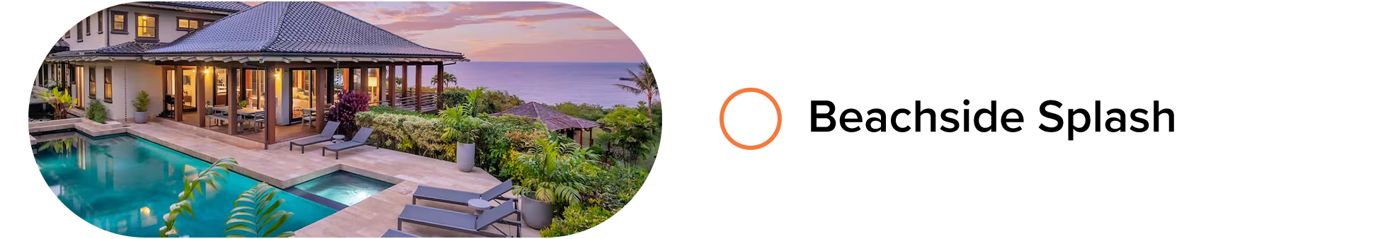 Oceanview villa with a large pool, sun loungers, and lush gardens at sunset.