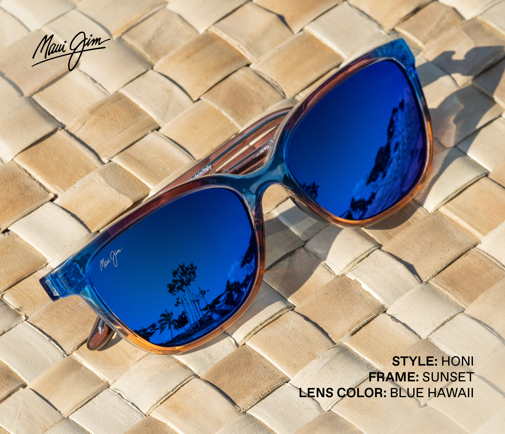 Maui Jim: Style: HONI, Frame: Sunset, Lens color: Blue Hawaii. 
