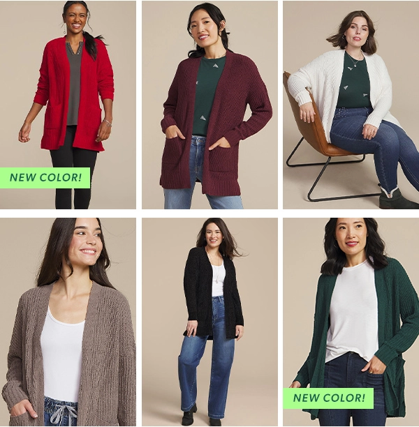 Models wearing maurices Chenille cardigan. New color!