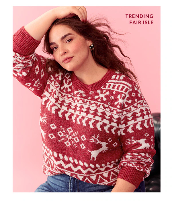 Trending fair isle. Model wearing maurices clothing.